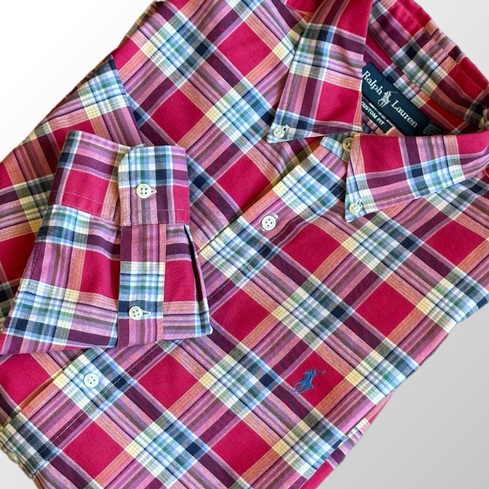Ralph Lauren Shirt Men’s M‎ Pink & Blue Plaid Custom Fit Button Down Long Sleeve
